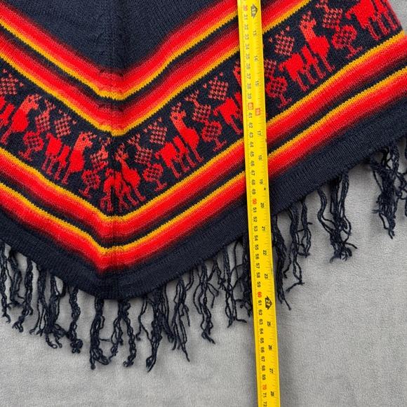 Dannita 100% Alpaca Poncho Navy Red Yellow Geometric Fringe Made Peru Women‎ - Picture 3 of 5
